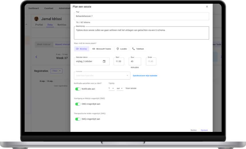 Screenshot webomgeving NiceDay behandelplatform